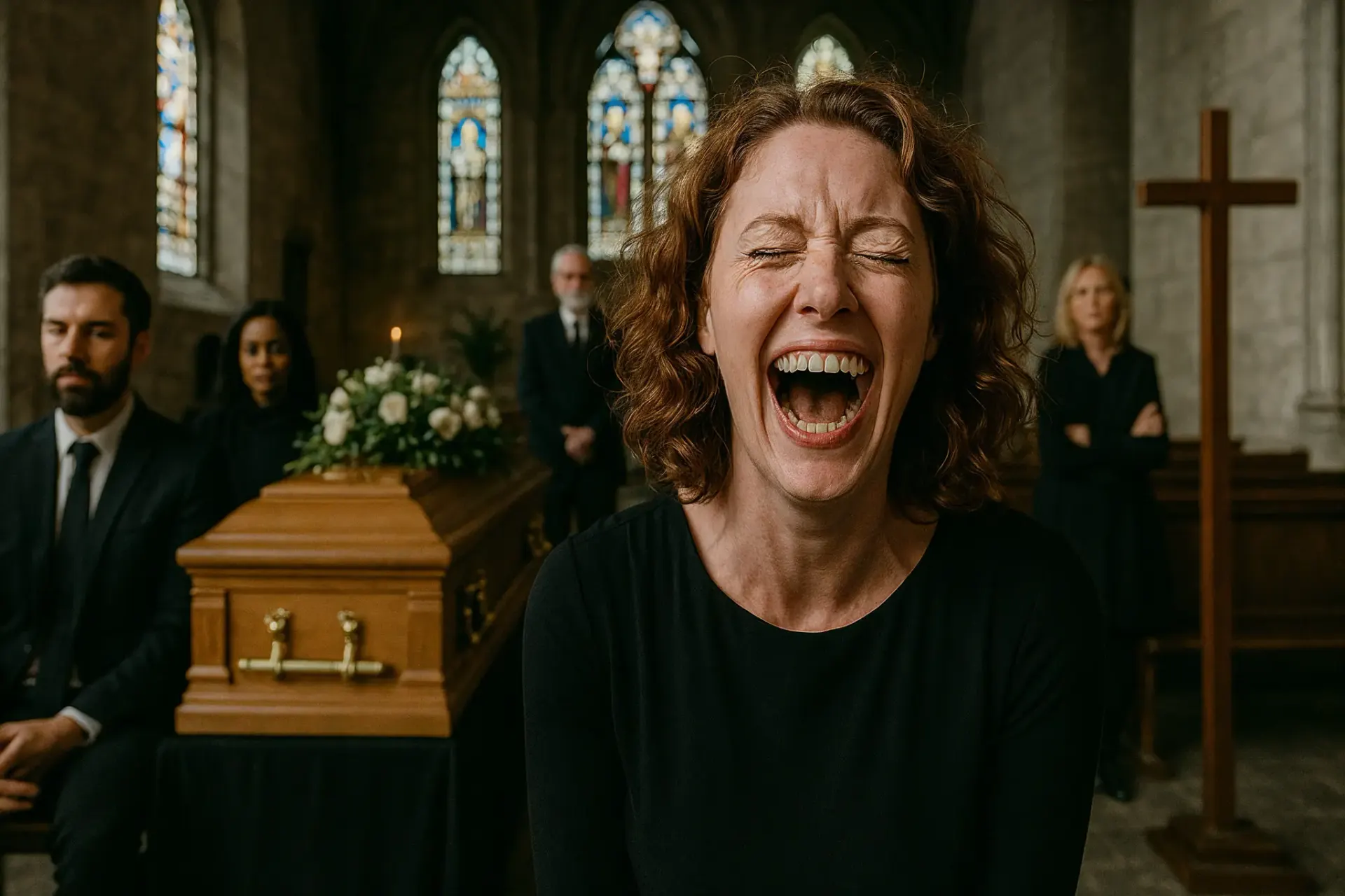 A woman cries out beside a coffin during a funeral